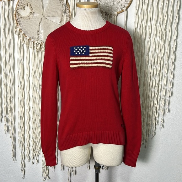 Vintage Lauren Ralph Lauren Red Cotton Sweater with Flag Detail L/Runs Small - Picture 1 of 10